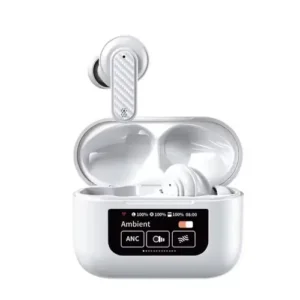 YW08 Smart LCD Wireless Earbuds in White — front view