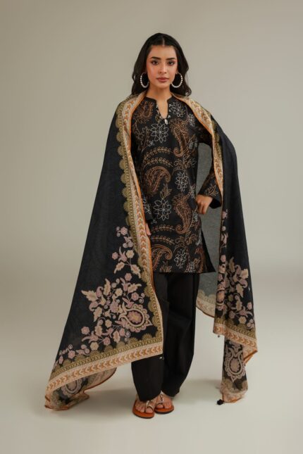 Black Embroidered Dupatta - View 1