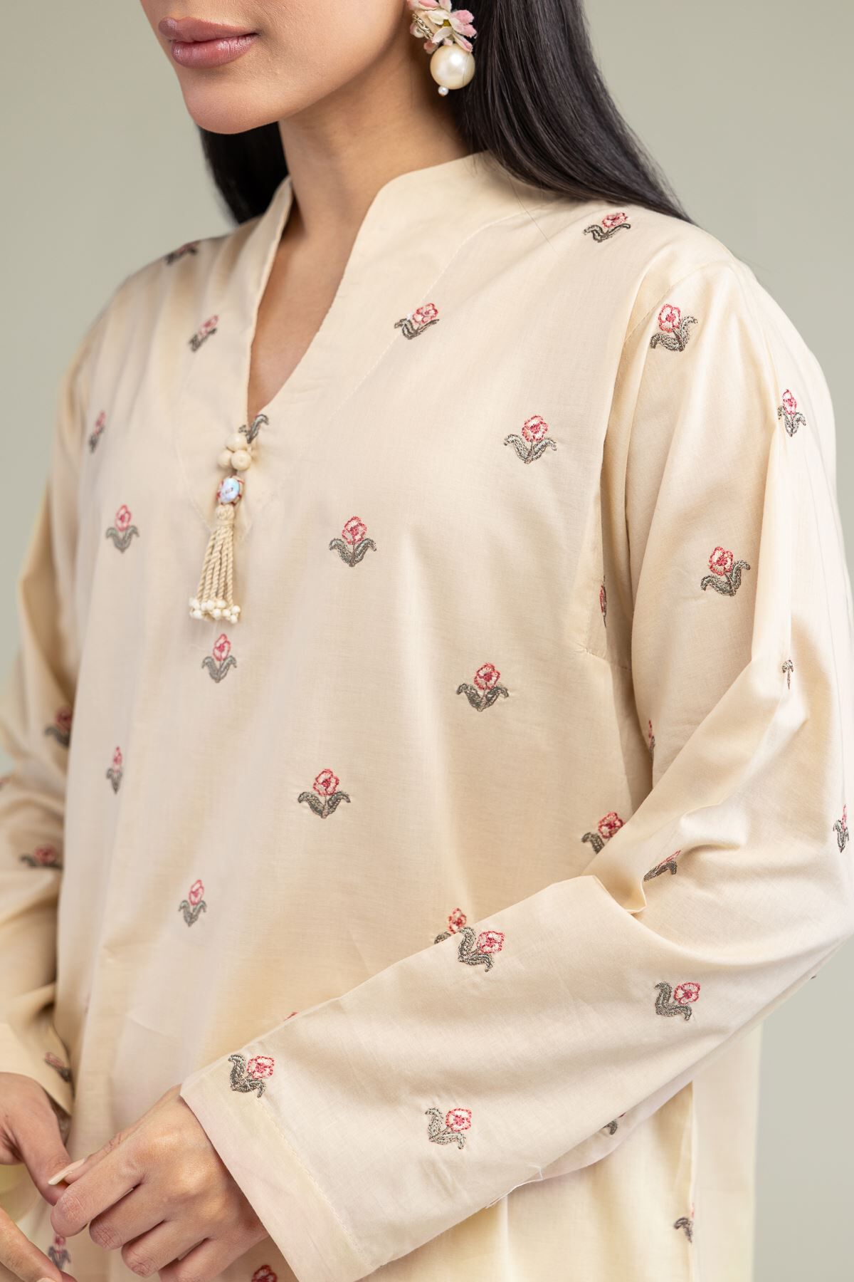 Floral V-Neck Kurta-1 Floral V-Neck Kurta - View 1