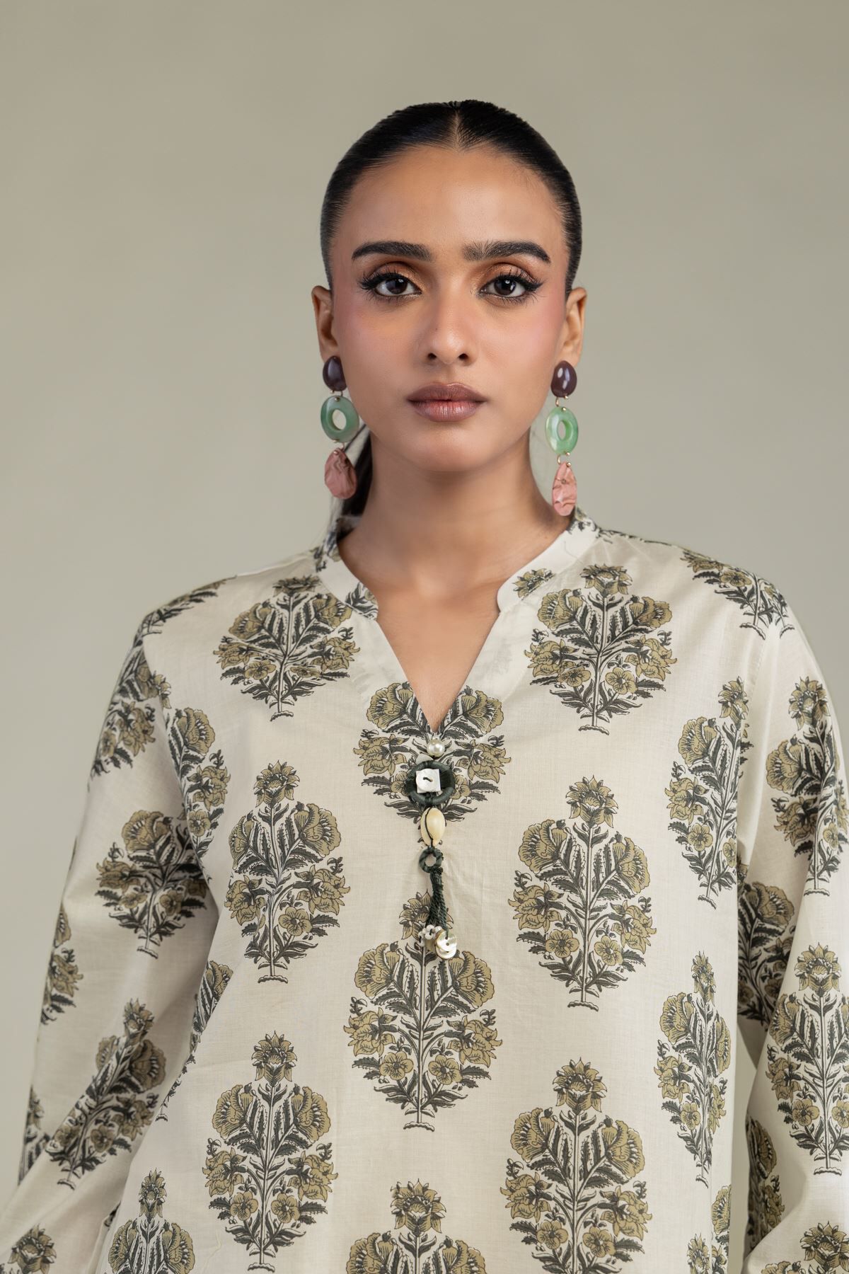 Floral V-Neck Kurta-1 Floral V-Neck Kurta - View 1