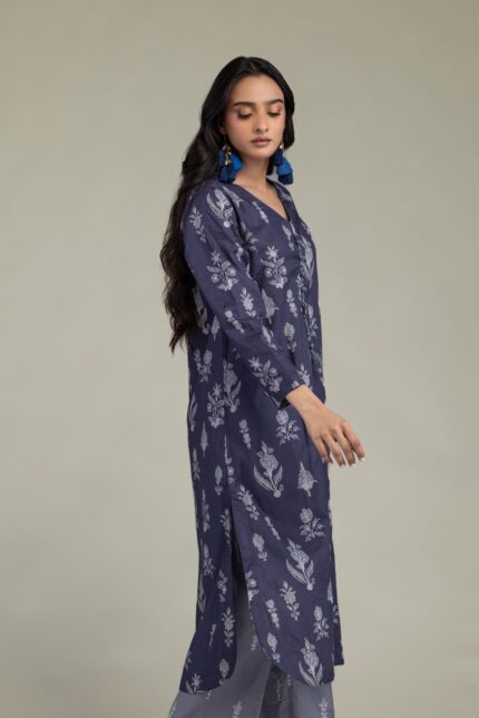 Floral Navy Kurta - View 2