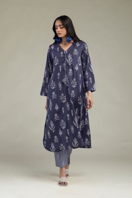 Floral Navy Kurta - View 1