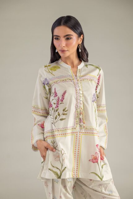 Floral Band-Collar Kurta - View 1