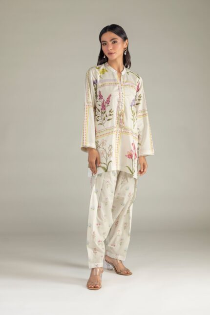 Floral Band-Collar Kurta - View 2