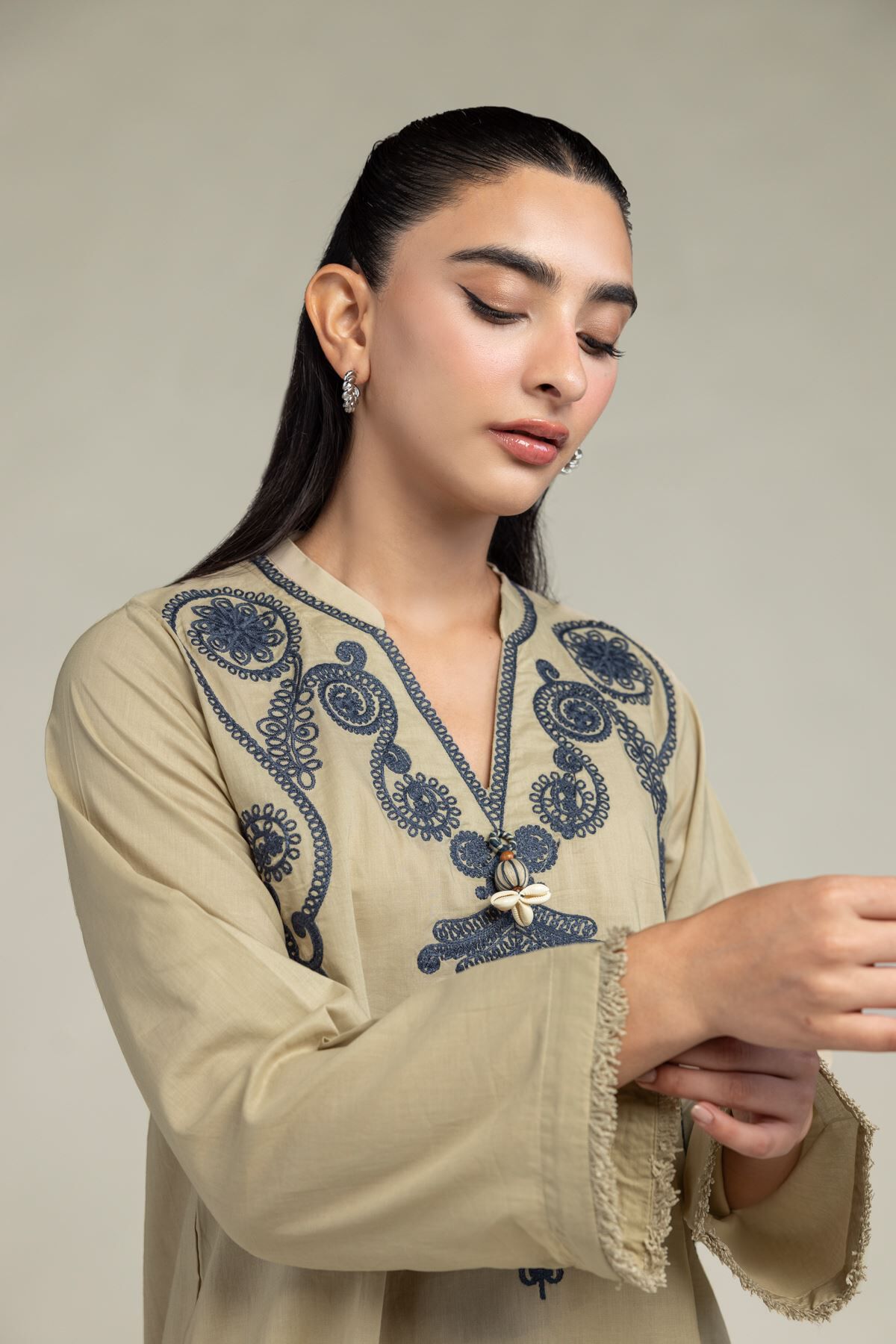Cambric V-Neck Kurta-1 Cambric V-Neck Kurta - View 1