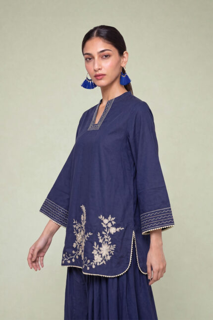 Floral Navy Kurta - View 2
