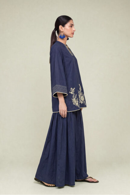 Floral Navy Kurta - View 1