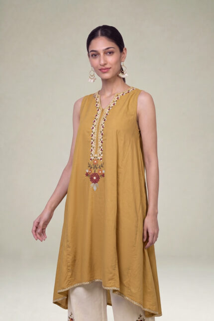 Mustard Sleeveless Kurta - View 1