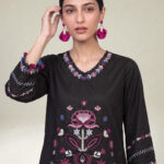 Floral Black Kurta - View 1