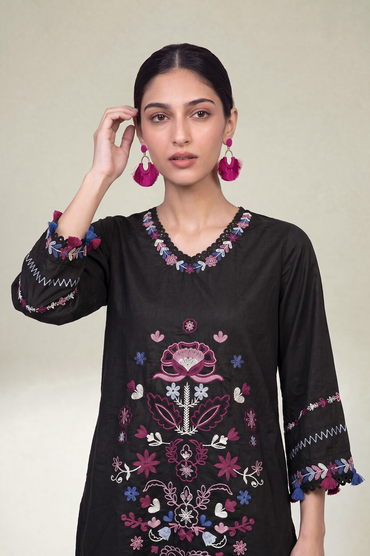 Floral Black Kurta-1 Floral Black Kurta - View 1