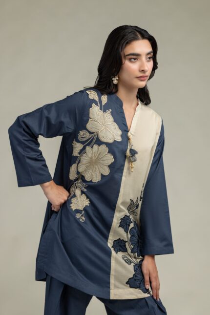Floral Band-Collar Kurta - View 1