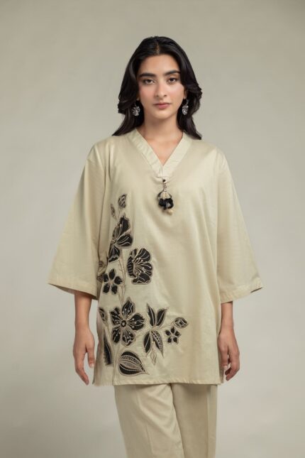 Floral Beige Kurta - View 1