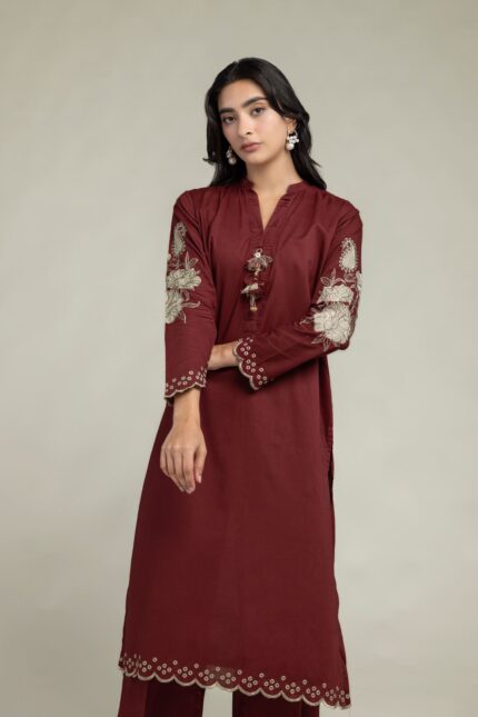 Maroon Floral Kurta - View 1