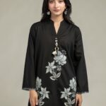Floral Black Kurta - View 1