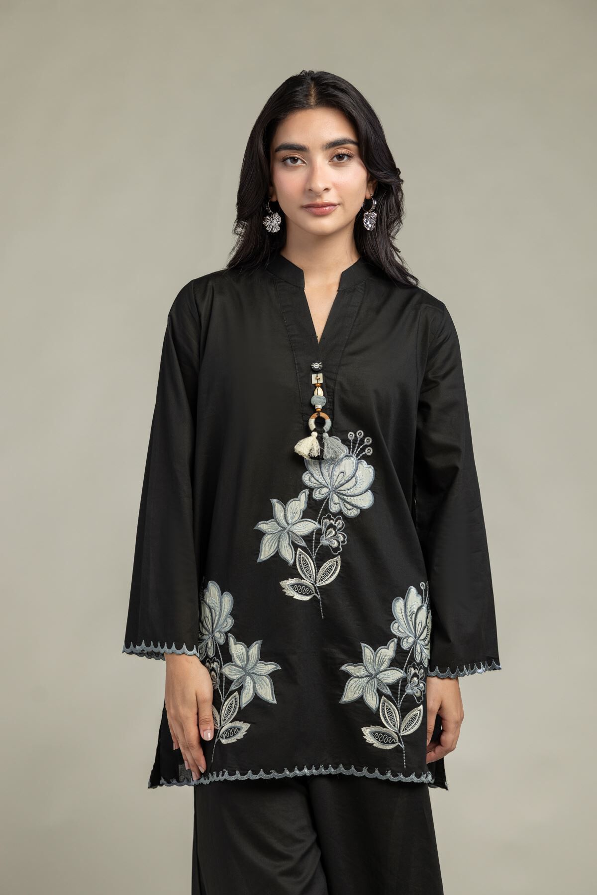 Floral Black Kurta-1 Floral Black Kurta - View 1