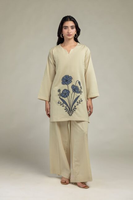 Beige Solid Pants - View 1