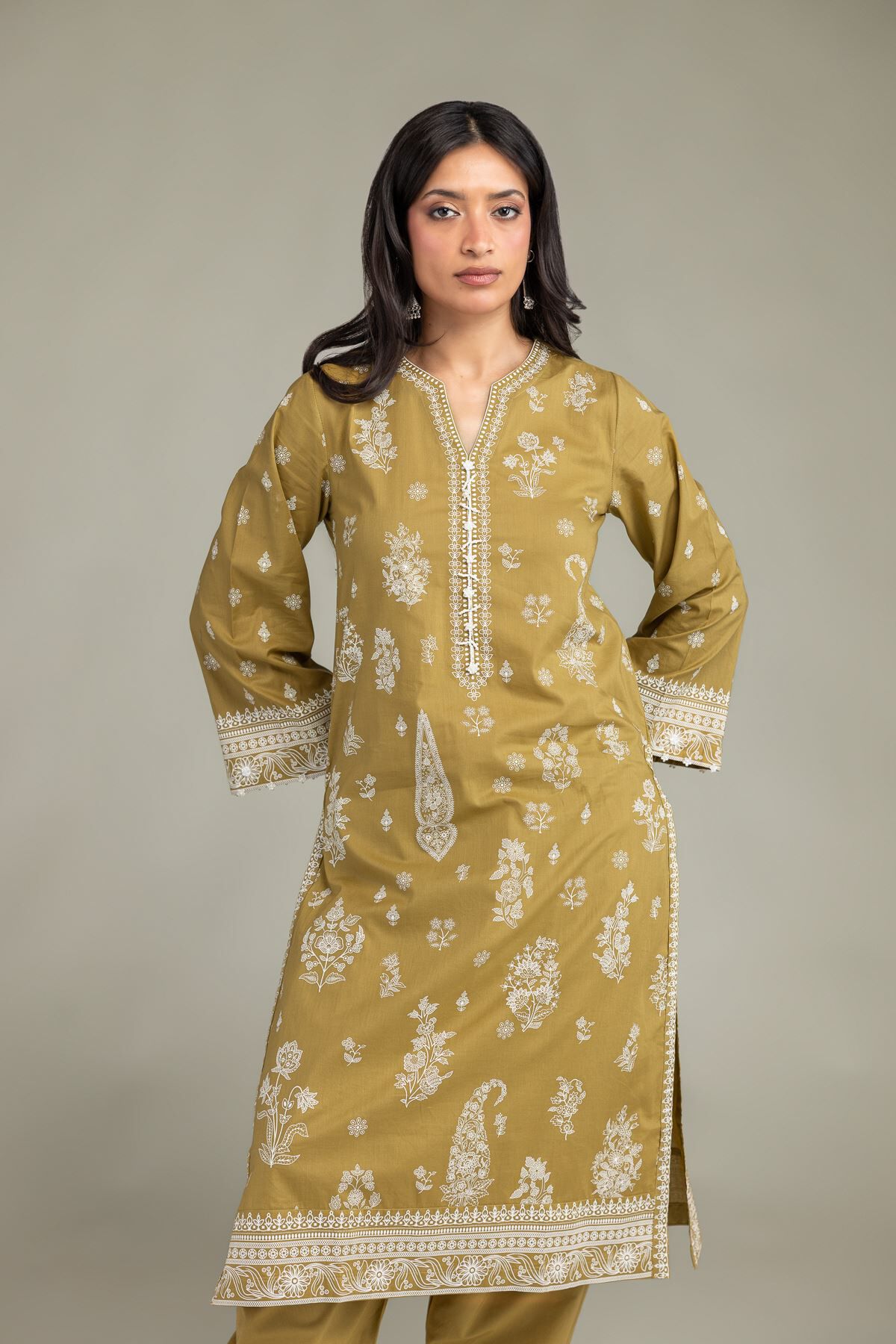 Cambric V-Neck Kurta-1 Cambric V-Neck Kurta - View 1