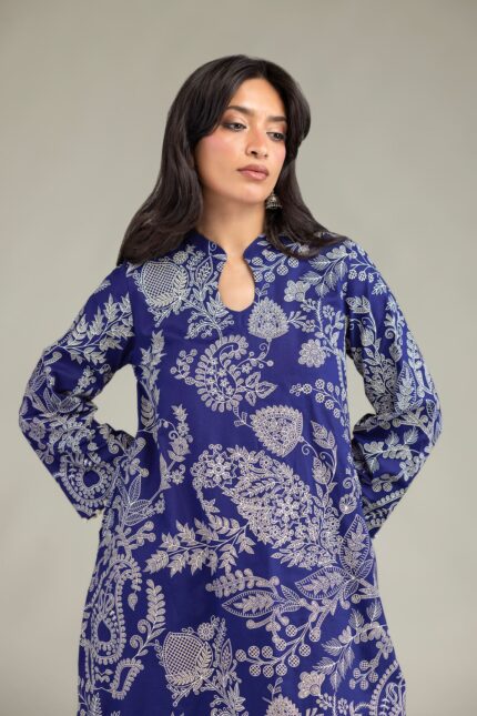 Floral Navy Kurta - View 2