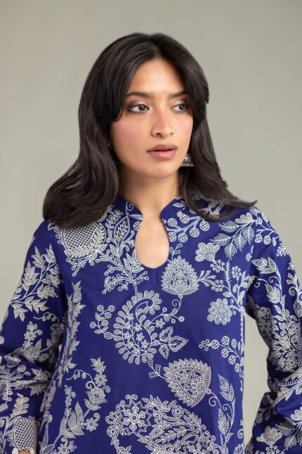 Floral Navy Kurta - View 1