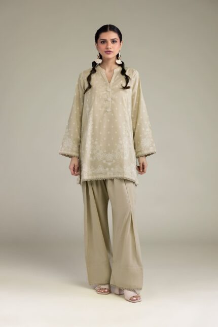 Beige Band-Collar Kurta - View 1