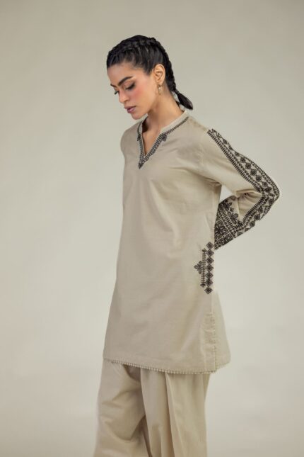 Beige V-Neck Kurta - View 2