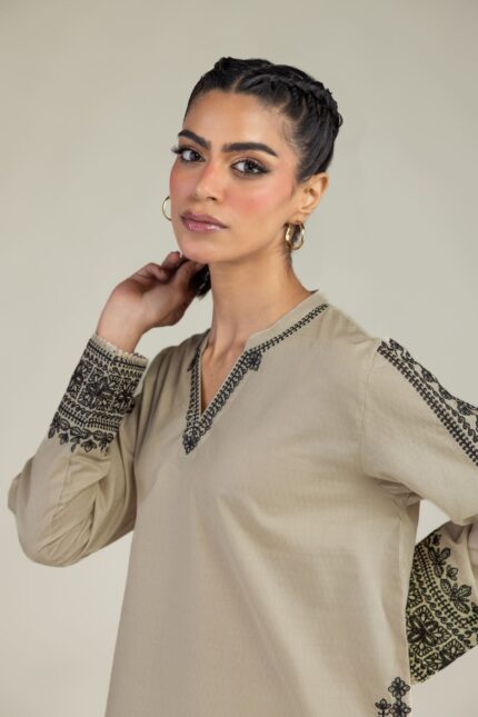 Beige V-Neck Kurta - View 1