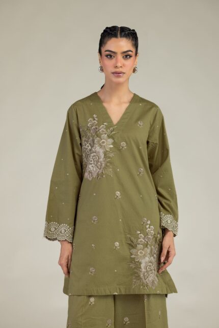 Olive V-Neck Kurta - View 1