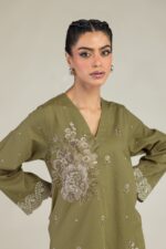 Olive V-Neck Kurta - View 3