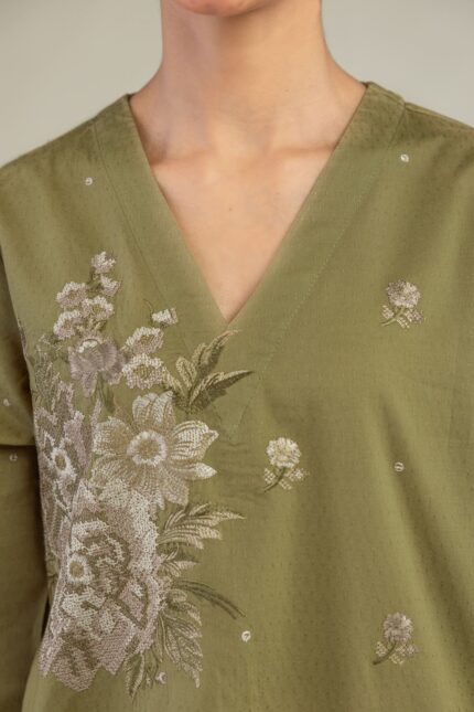 Olive V-Neck Kurta - View 2