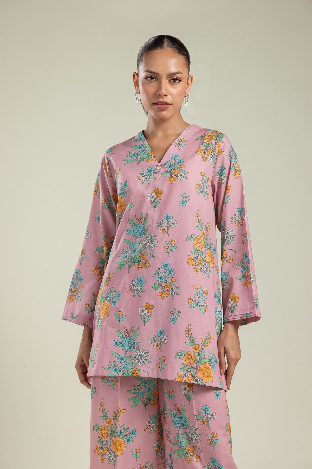 Floral V-Neck Kurta-1 Floral V-Neck Kurta - View 1