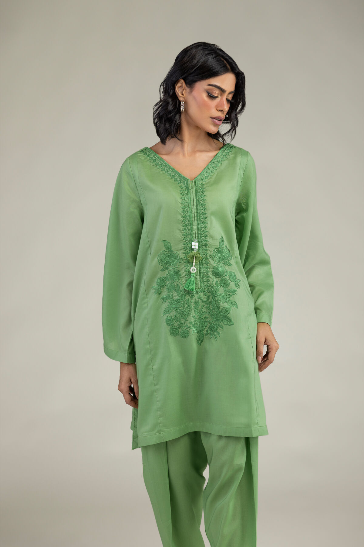 Green V-Neck Kurta-1 Green V-Neck Kurta - View 1