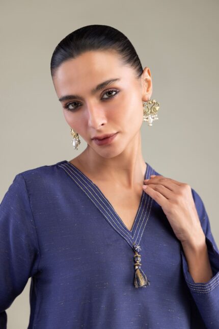 Solid V-Neck Kurta - View 1