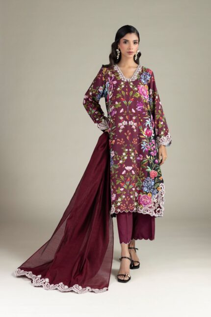 Embroidered Raw Silk Fabrics 3-Piece - V1