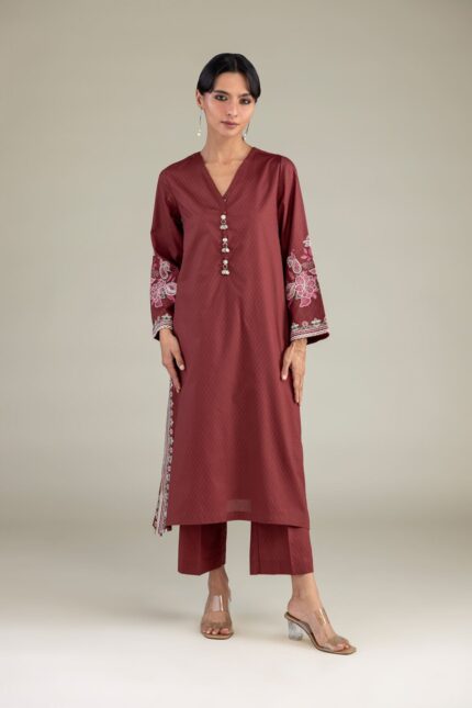 Maroon V-Neck Kurta - View 2