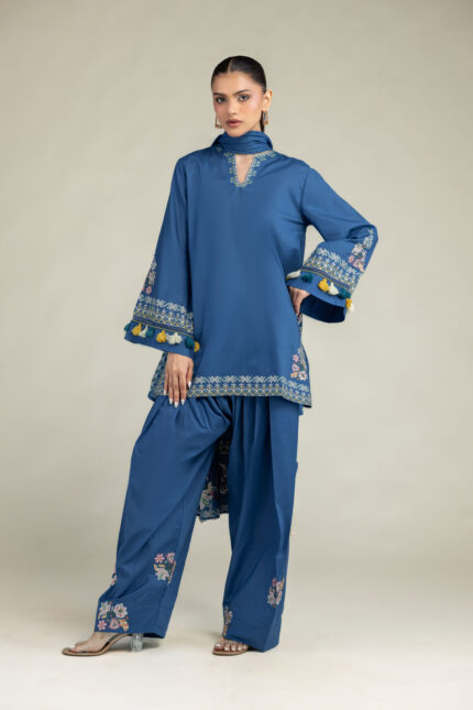 Floral Blue Kurta - View 1