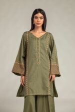 Olive V-Neck Kurta - View 3