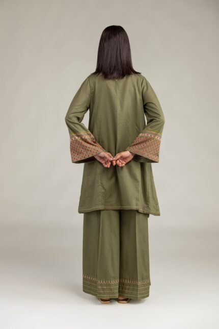 Olive V-Neck Kurta - View 1