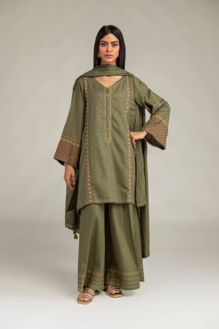 Olive V-Neck Kurta - View 2