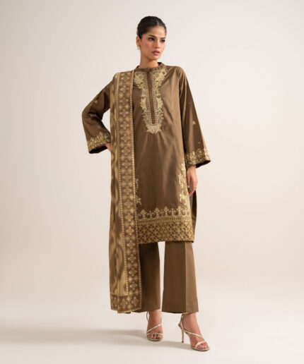 Olive Brown Cotton Jacquard Unstitched Ensemble - View 2