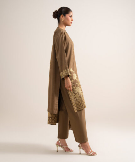 Olive Brown Cotton Jacquard Unstitched Ensemble - View 1