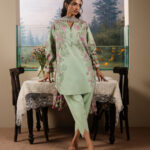 printed mint green and pink lawn Unstitched Ensemble - View 1