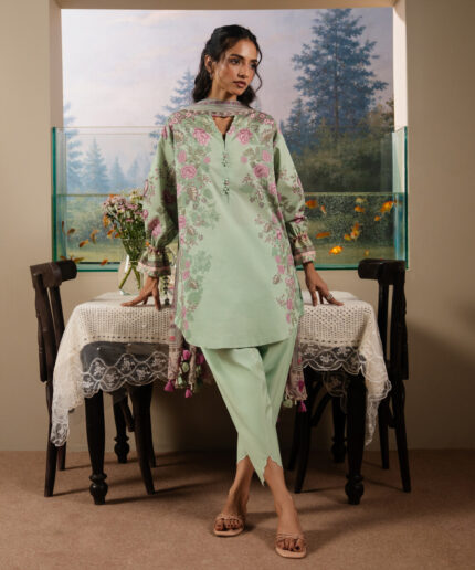 printed mint green and pink lawn Unstitched Ensemble - View 1