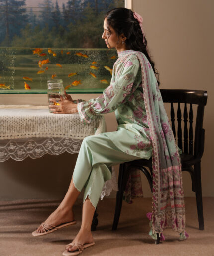 printed mint green and pink lawn Unstitched Ensemble - View 2
