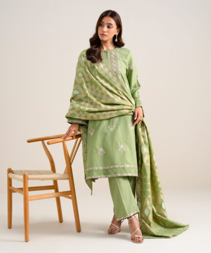 Green Cotton Jacquard Unstitched Ensemble - View 2