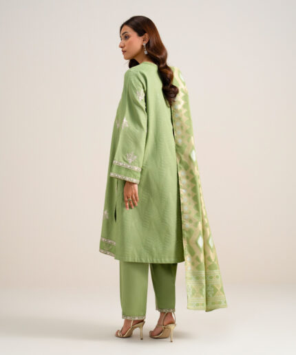 Green Cotton Jacquard Unstitched Ensemble - View 1