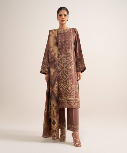 Brown Cotton Jacquard Unstitched Ensemble - View 2