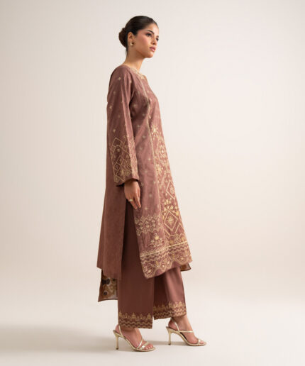 Brown Cotton Jacquard Unstitched Ensemble - View 1