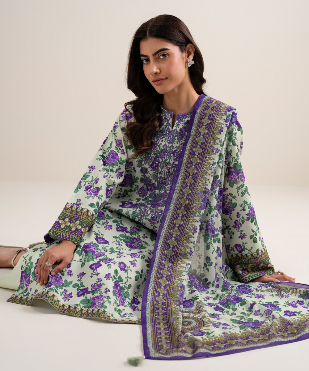 Off White And Purple Lawn Unstitched Ensemble - View 1 Off White And Purple Lawn Unstitched Ensemble - View 1