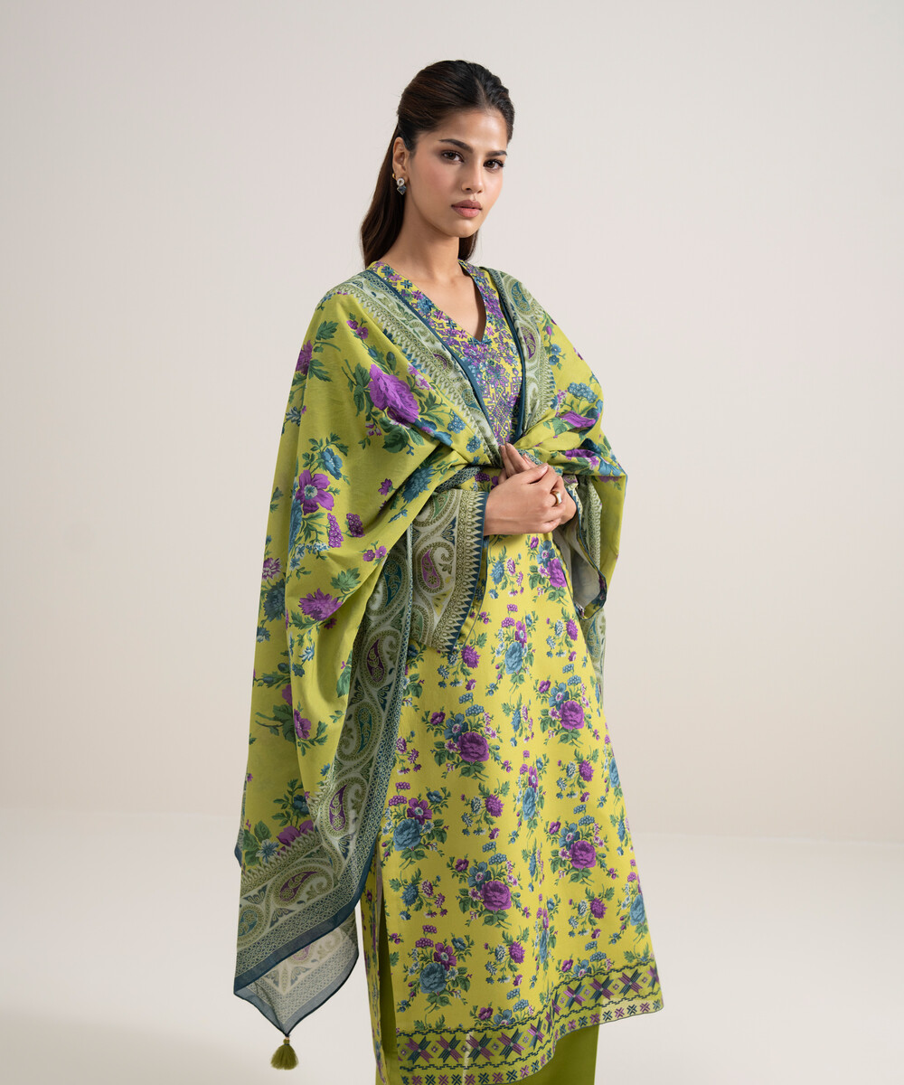Parrot Green Lawn Unstitched Ensemble - View 1 Parrot Green Lawn Unstitched Ensemble - View 1