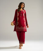 Maroon Raw Silk Straight Suit - View 2